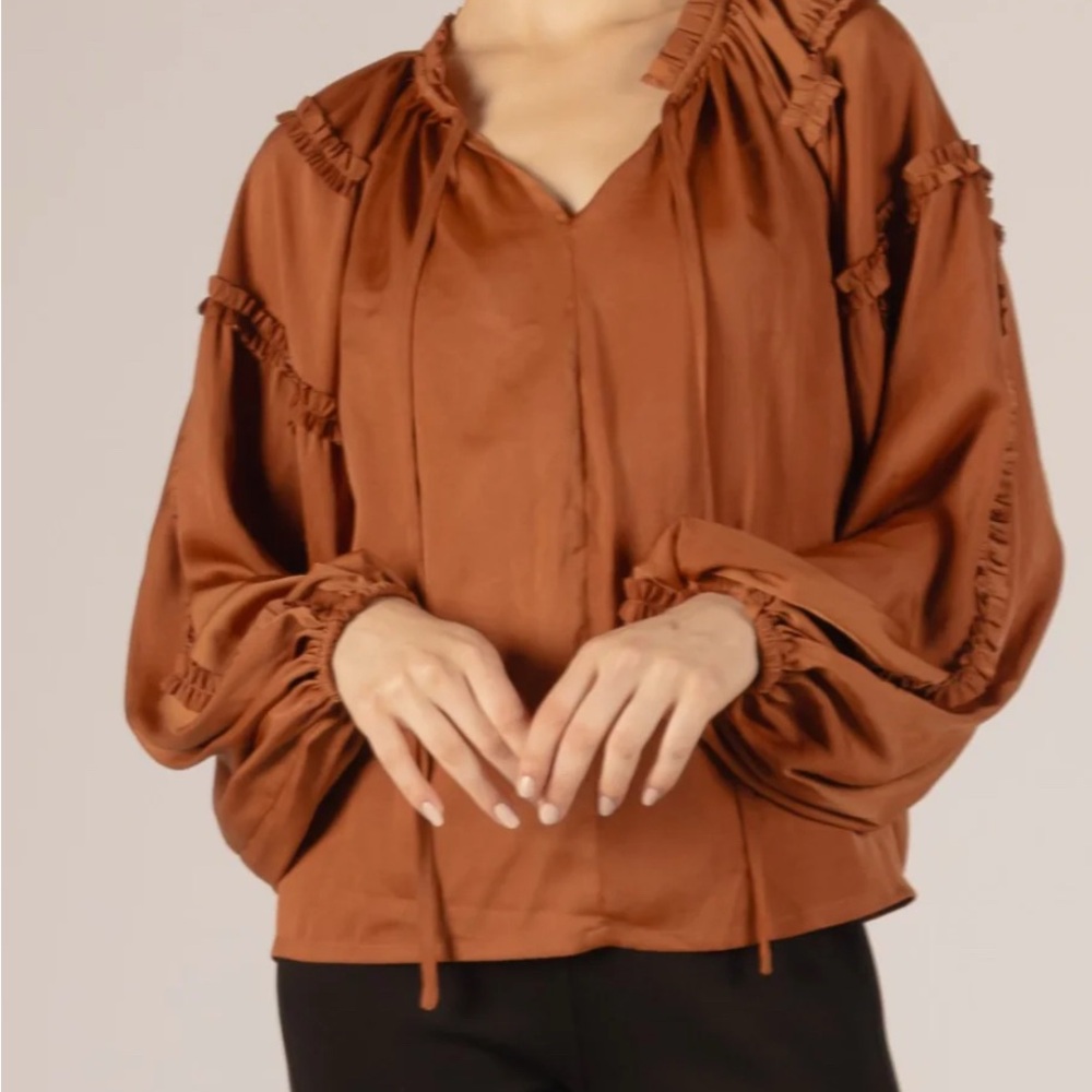 Boutique Ruffled Long Sleeve Blouse with V-Neckline COPPER SATIN BOHO TOP